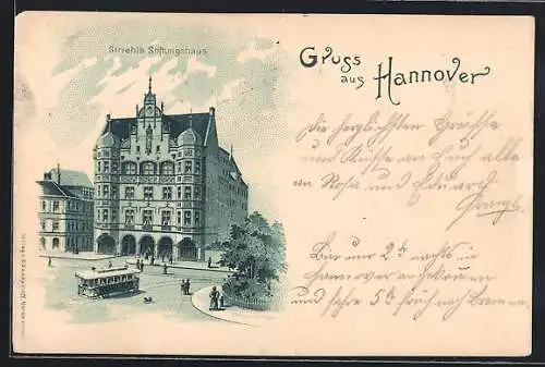 Lithographie Hannover, Strassenbahn vor Striehls Stiftungshaus