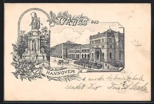 Lithographie Hannover, Denkmal und der Bahnhof