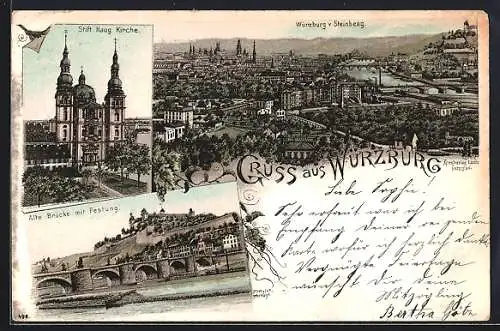 Lithographie Würzburg, Ortsansicht vom Steinbeng, Stift Haug Kirche und Alte Brücke mit Festung