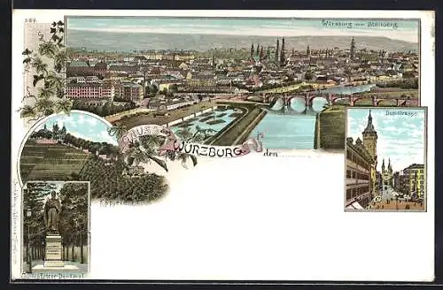 Lithographie Würzburg, Blick zum Ort vom Steinberg, Domstrasse, Käppele