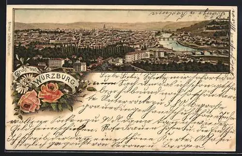 Lithographie Würzburg, Panoramablick über die Stadt