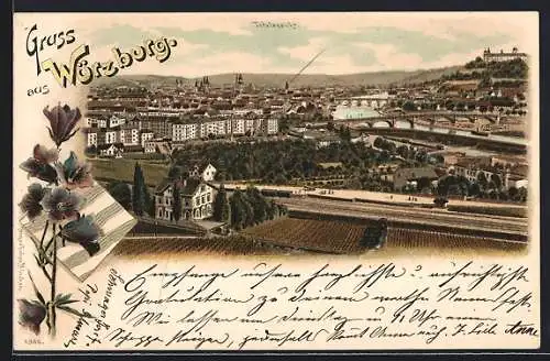 Lithographie Würzburg, Panorama mit Brücke