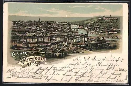 Lithographie Würzburg, Panoramablick mit der Festung