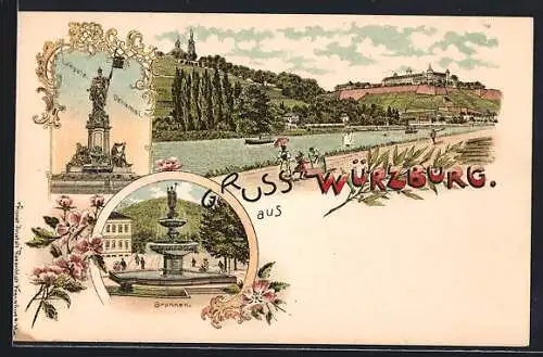 Lithographie Würzburg, Ortspartie, Luitpold Denkmal, Kilian-Brunnen