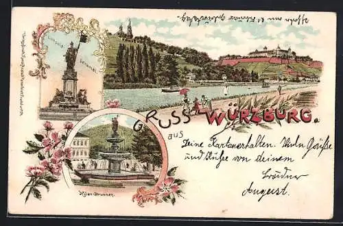 Lithographie Würzburg, Luitpold-Denkmal, Kilian-Brunnen