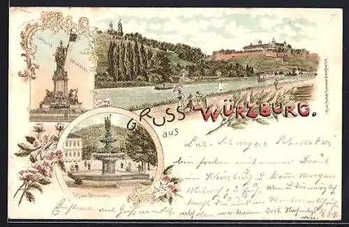 Lithographie Würzburg, Luitpold Denkmal, Springbrunnen, Teilansicht