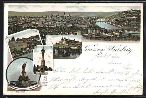 Lithographie Würzburg, Festung, Luitpoldbrunnen, Franken-Warte