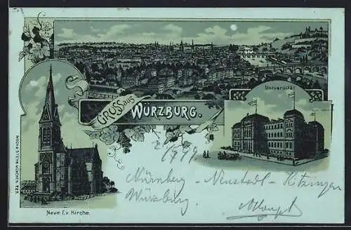 Mondschein-Lithographie Würzburg, Neue Ev. Kirche, Universität, Panoramablick