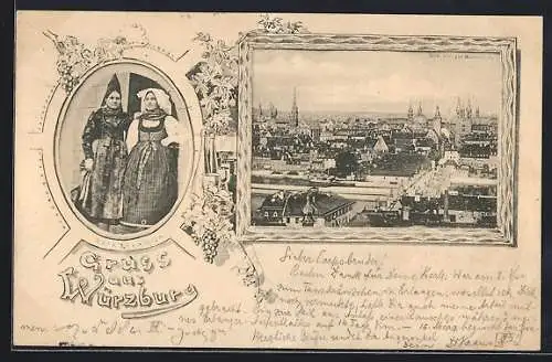 AK Würzburg, Blick von der Mainbrücke, Frauen in Tracht