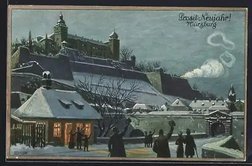 Künstler-AK Würzburg, Ortspartie mit Festung Marienberg im Winter