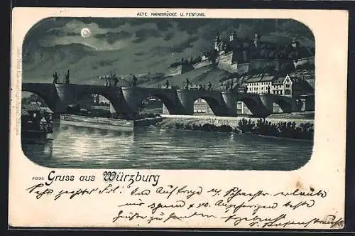 Lithographie Würzburg, Blick auf alte Mainbrücke und Festung