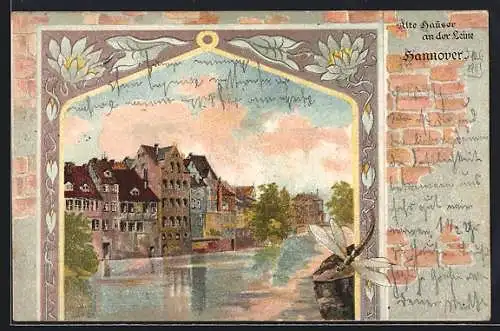 Lithographie Hannover, Alte Häuser an der Leine, Mauer-Passepartout