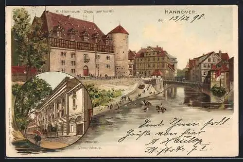 Lithographie Hannover, Leine mit Beguinenthurm, Arbeiter-Vereinshaus