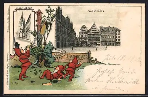 AK Hannover, Marktplatz, Marktkirche, Zwerge mit Tröte