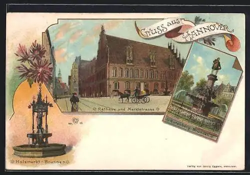 Lithographie Hannover, Rathaus und Marktstrasse, Holzmarkt-Brunnen
