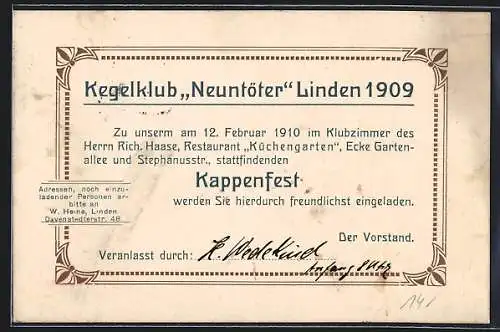 AK Linden / Hannover, Einladung des Kegelklubs Neuntöter zum Kappenfest 1909