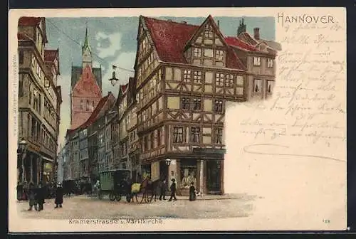 Lithographie Hannover, Marktkirche in der Kramerstrasse