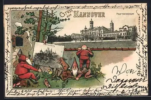 Lithographie Hannover, Polytechnikum, Marienburg, Zwerge, Hasen