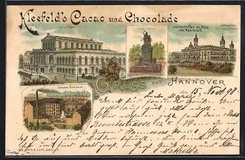 Lithographie Hannover, Kleefeld`s Cacao und Chocolade, Königliches Theater, Krieger-Denkmal