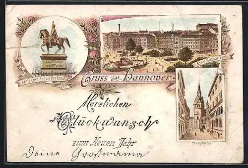 Vorläufer-Lithographie Hannover, 1894, Ernst August-Platz, Marktkirche, König Ernst August-Denkmal, Neujahrsgruss