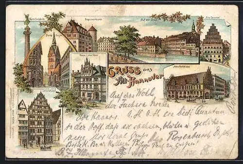 Lithographie Hannover, Haus der Väter, Altes Rathaus, Alte Canzlei, Leibnitzhaus