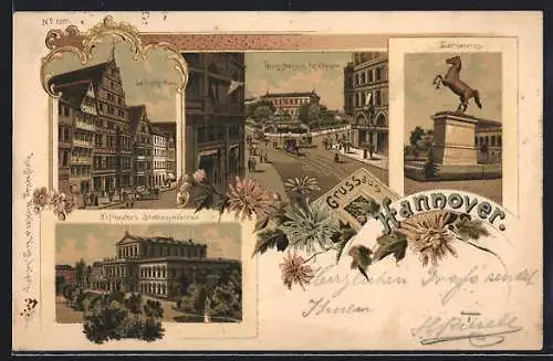 Lithographie Hannover, Georgstrasse mit Cafe Kröpcke, Leibnitz-Haus, Hoftheater und Strohmeyerdenkmal