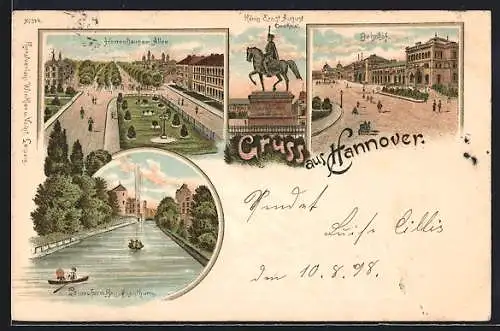 Lithographie Hannover, Bahnhof, Leineufer mit Beguinenthurm, Herrenhauser Allee