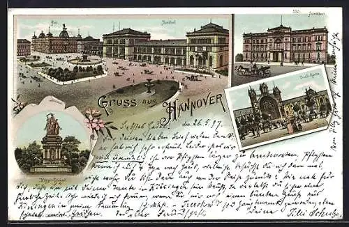 Lithographie Hannover, Bahnhof mit Anlagen, Tivoli-Garten, Kriegerdenkmal