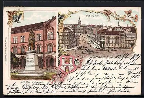 Lithographie Hannover, Bahnhofstrasse, Schillerdenkmal, das Wappen