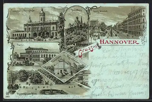 Lithographie Hannover, Herrenhäuser Allee, Theater, Technische Hochschule, Marienburg und Georg-Strasse