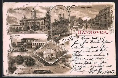 Lithographie Hannover, Technische Hochschule, Theater, Marienburg