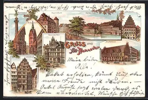 Lithographie Hannover, Haus der Väter, Altes Rathaus, Alte Canzlei, Leibnitzhaus