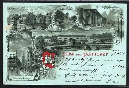 Lithographie Hannover, Beguinenthurm, Kgl. Residenzschloss, Herrenhausen, Schmiede-Strasse