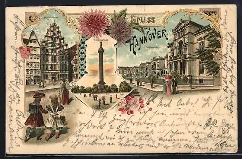 Lithographie Hannover, Leibnizhaus, Villenpartie im Schiffgraben, Waterloosäule