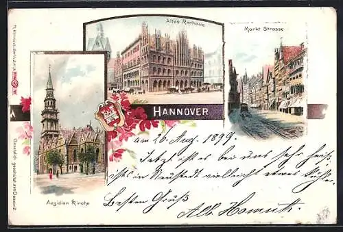 Lithographie Hannover, Altes Rathaus, Aegidien-Kirche, Markt-Strasse