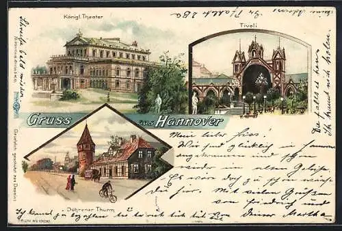 Lithographie Hannover, Kgl. Theater, Tivoli, Döhrener Thurm