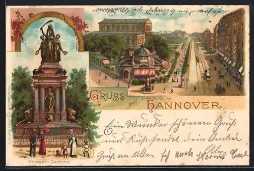 Lithographie Hannover, Café Kröpcke, Kriegerdenkmal und Hoftheater mit Strassenbahn