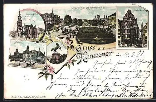 Lithographie Hannover, Teilansicht Königwörtherplatz u. Herrenhäuser-Allee, Aegydien-Kirche, Leibnitzhaus