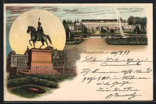 Lithographie Hannover, Herrenhäuser Schloss und Ernst-August-Denkmal