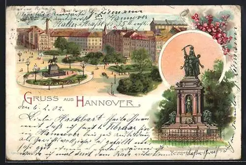 Lithographie Hannover, Ernst-August-Platz, Kriegerdenkmal