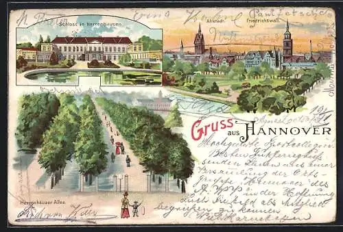 Lithographie Hannover, Schloss in Herrenhausen, Herrenhauser Allee, Altstadt, Friedrichswall