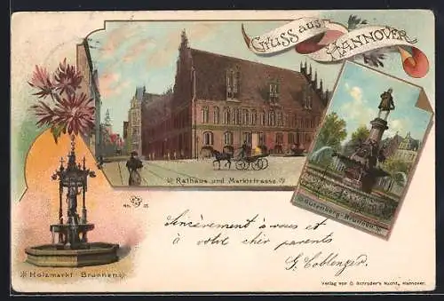 Lithographie Hannover, Holzmarkt-Brunnen, Rathaus und Marktstrasse, Gutenberg-Brunnen