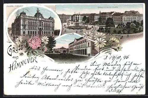 Lithographie Hannover, Ernst-August-Platz, Kaiserl. Postamt