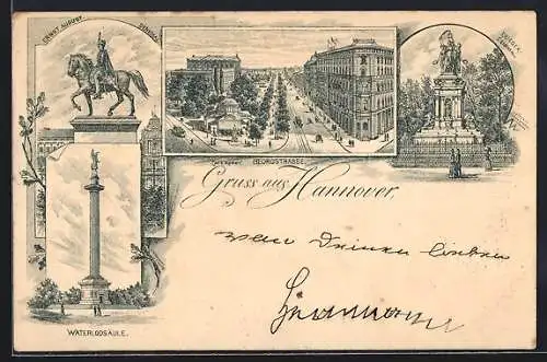 Vorläufer-Lithographie Hannover, 1890, Georgstrasse, Waterloosäule, Krieger-Denkmal