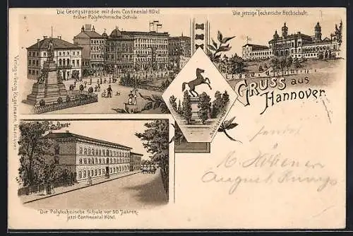 Lithographie Hannover, Technische Hochschule, Georgstrasse mit Continental-Hotel, Sachsenross