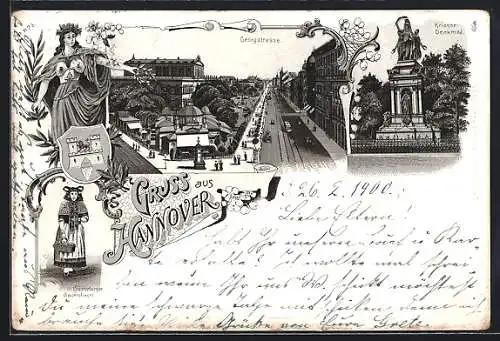 Lithographie Hannover, Georgstrasse, Krieger-Denkmal, Bückeburger Bauerntracht