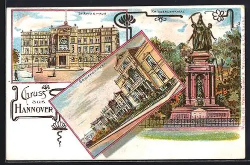 Lithographie Hannover, Ständehaus, Kriegerdenkmal, Schiffgraben