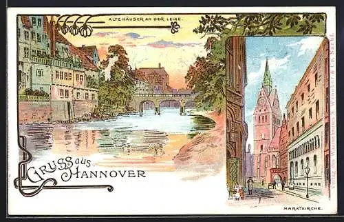 Lithographie Hannover, Marktkirche, Alte Häuser an der Leine