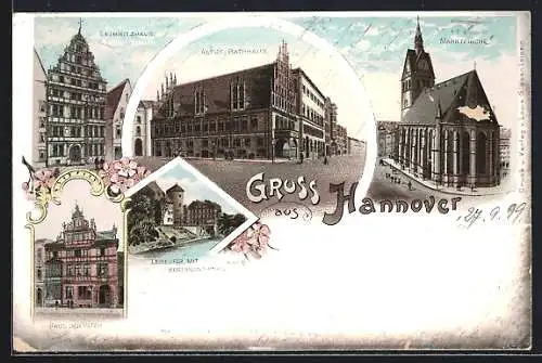 Lithographie Hannover, Leibnitzhaus, Haus der Väter, Altes Rathaus