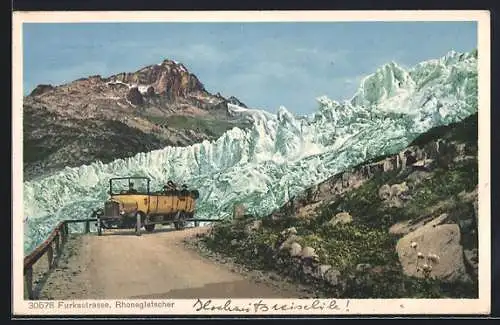 AK Saurer Post-Bus auf der Furkastrasse, Blick auf den Rhonegletscher